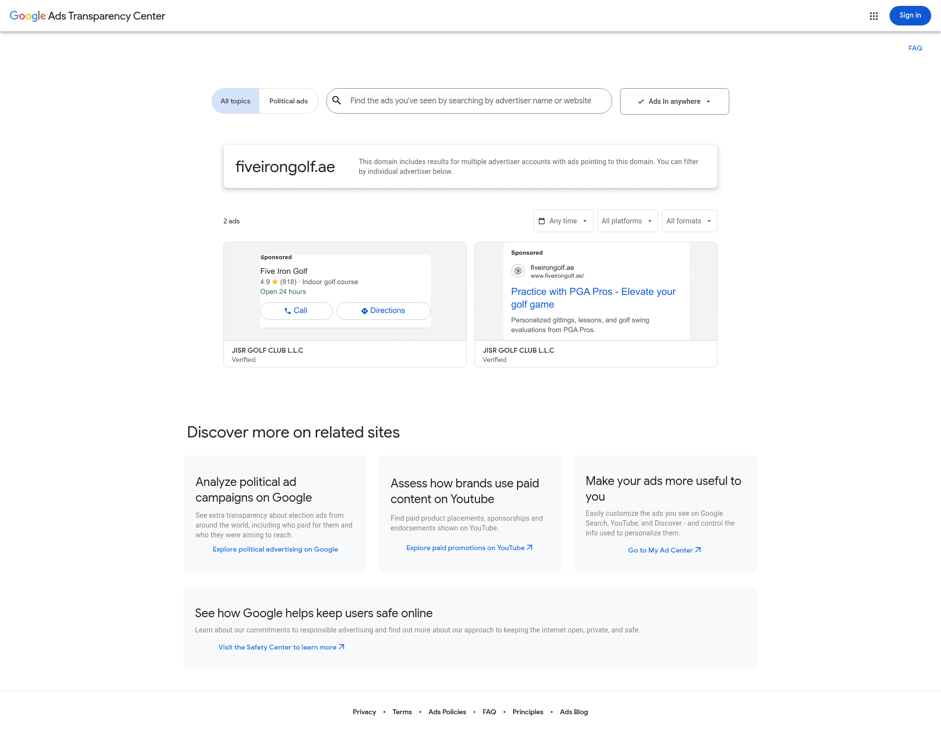Five Iron Golf Dubai Google Ads Transparency